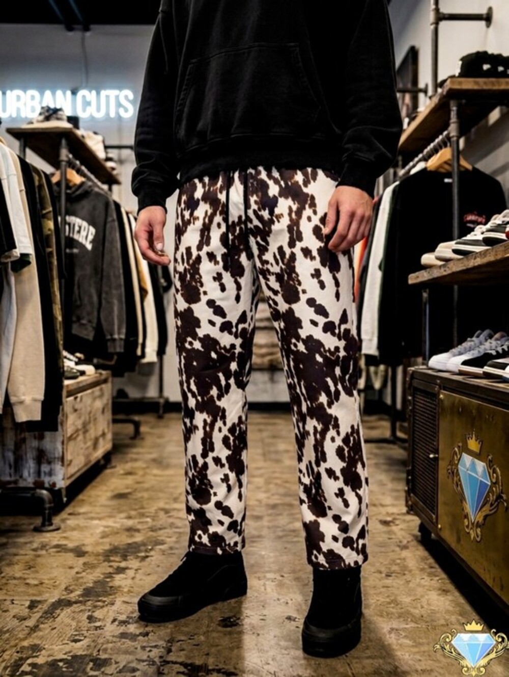 SUMWON X SHEIN Men's Straight Leg Nylon Cow Print Pants - Size L Streetwear